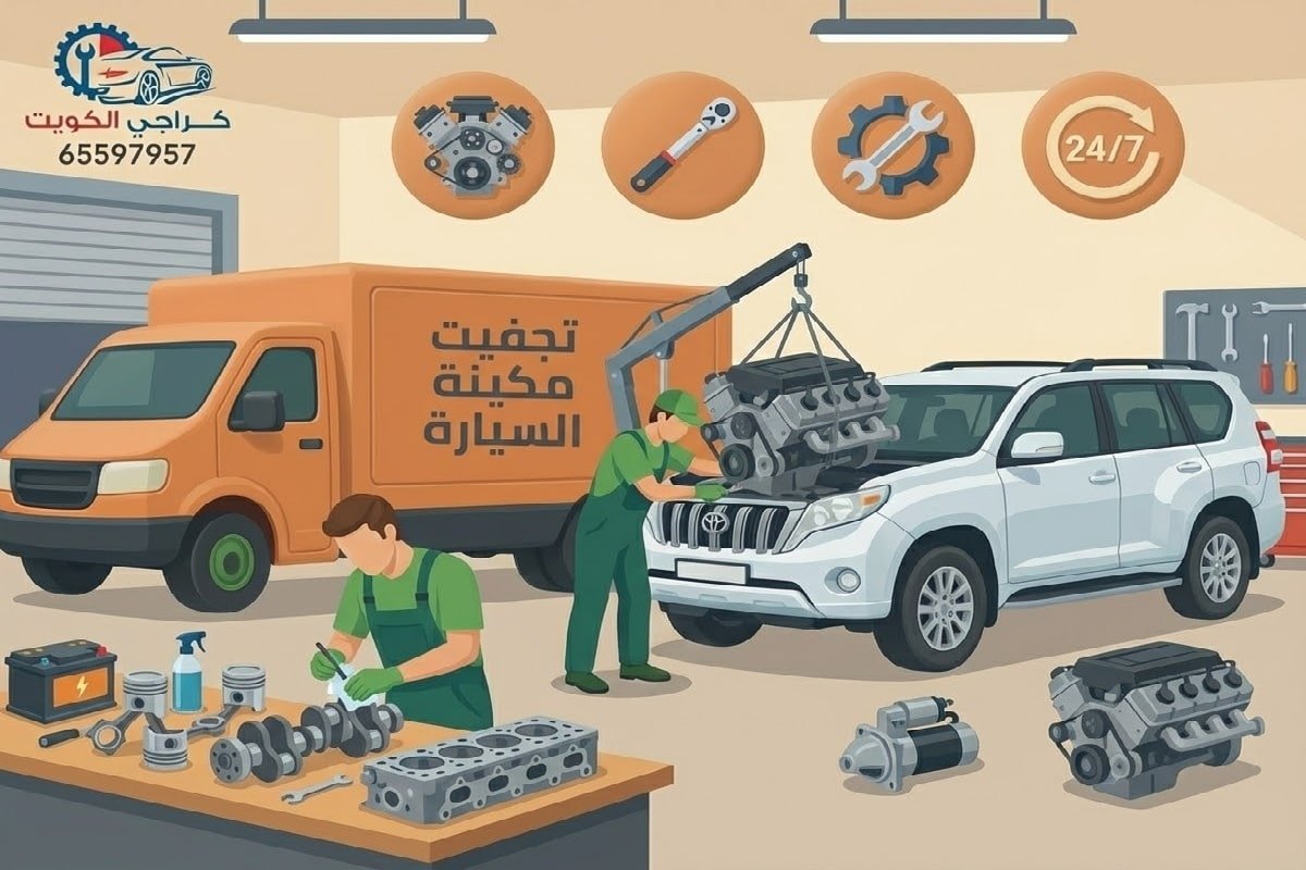 فني ميكانيكي يقوم بعملية تجفيت مكينة سيارة واستبدال قطع الغيار في الكويت 24 ساعة